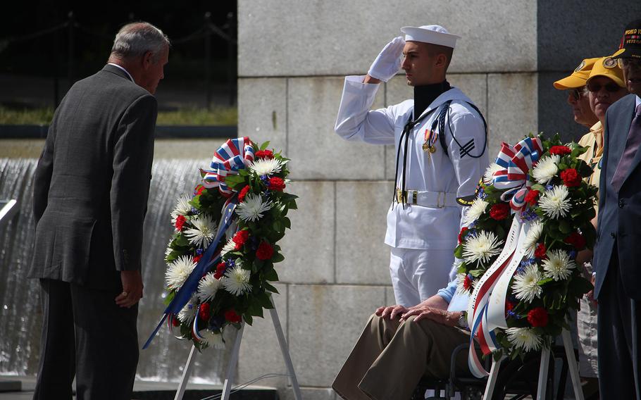 World War II veterans participate in a wreath-laying ceremony to  commemorate the 71st anniversary of the Allied Forces Victory in the Pacific on Sept. 2, 2016 at the National World War II Memorial in Washington, D.C. 