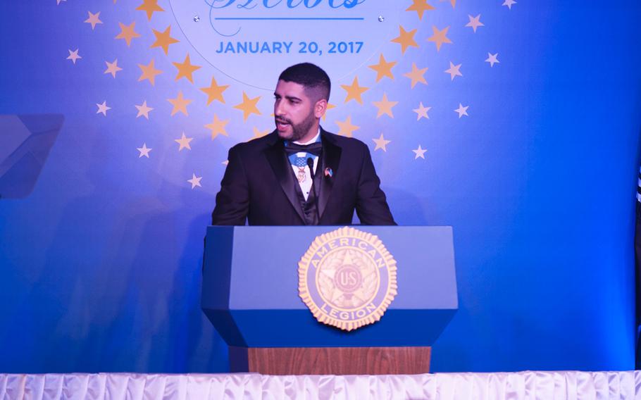 Medal of Honor recipient Capt. Florent Groberg speaks during the Veterans Inaugural Ball: Salute to Heroes on Jan. 20, 2017.