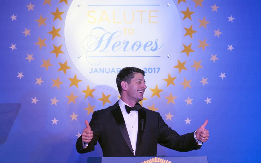 Speaker Paul Ryan addresses the crowd at the Veterans Inaugural Ball: Salute to Veterans on Jan. 20, 2017. Ryan's political team sought to reassure donors and other supporters that the temporary ban on travelers from seven majority-Muslim countries does not amount to a "religious test." 