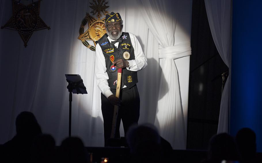 James McEachin, a Korean War veteran, does a dramatic reading of "In Flanders Fields" during the Veterans Inaugural Ball: Salute to Heroes on Jan. 20, 2017, in Washington, D.C.