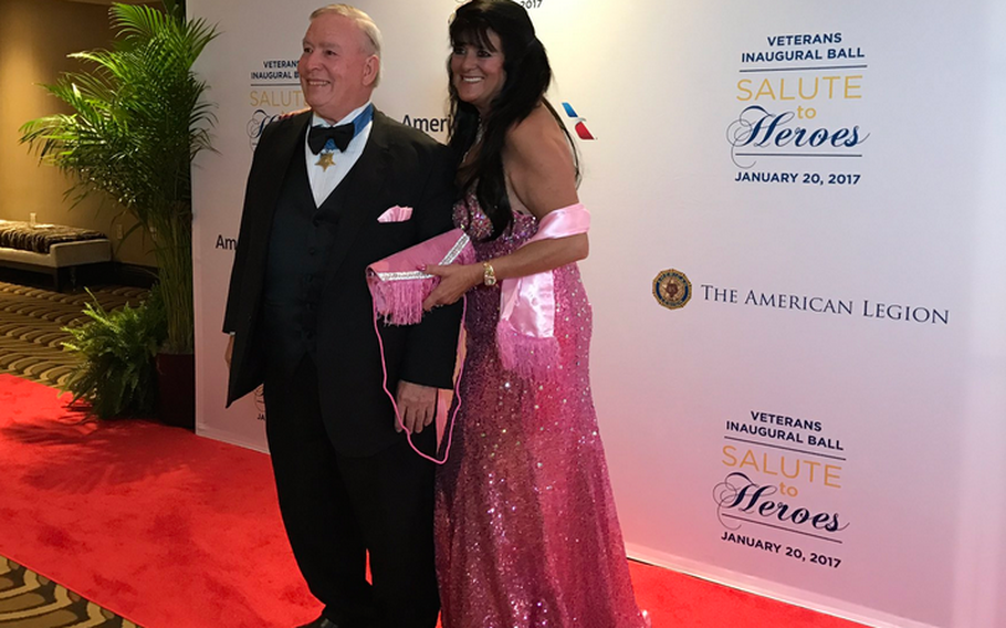 A Medal of Honor recipient pauses on the red carpet at the start of the Veterans Inaugural Ball: Salute to Heroes in Washington, D.C., Jan. 20, 2017.