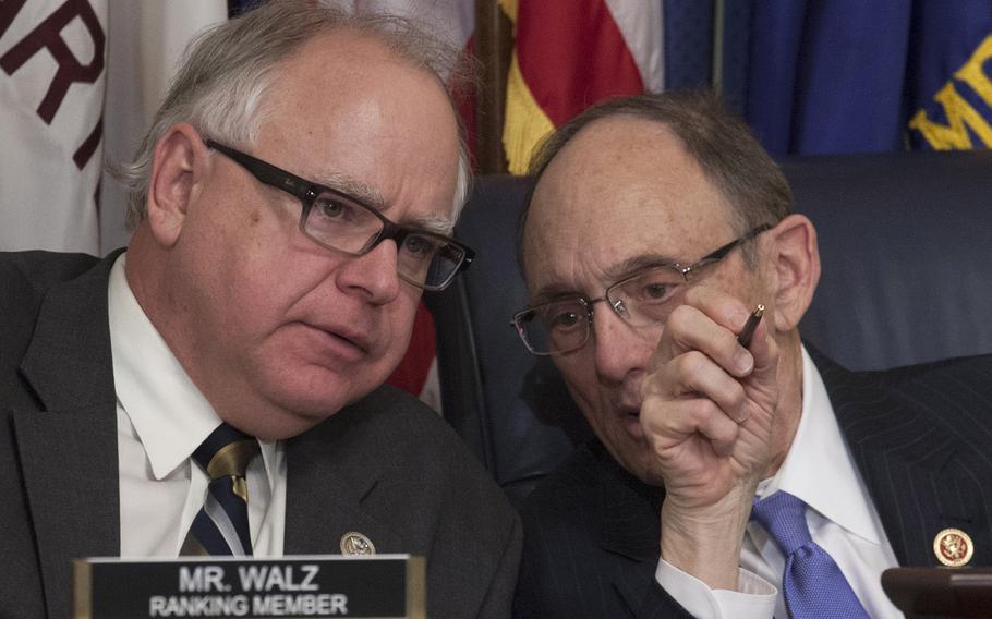 House Committee on Veterans' Affairs Chairman Dr. Phil Roe, R-Tenn., right, confers with Ranking Member Tim Walz, D-Minn., during a hearing on Capitol Hill, March 7, 2017.