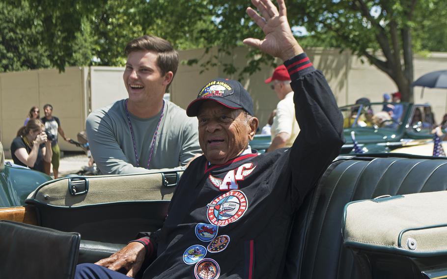 Lt. Col. Harry T. Stewart Jr., who shot down German planes as a fighter pilot with the Tuskegee Airmen during WWII, climbs into a car at the start of the Memorial Day Parade, Washington, D.C., May 29, 2017.