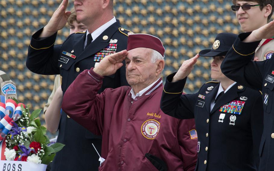 World War II veteran Harold Radish salutes after laying a wreath at the National World War II Memorial in Washington, D.C. on Memorial Day 2017. 