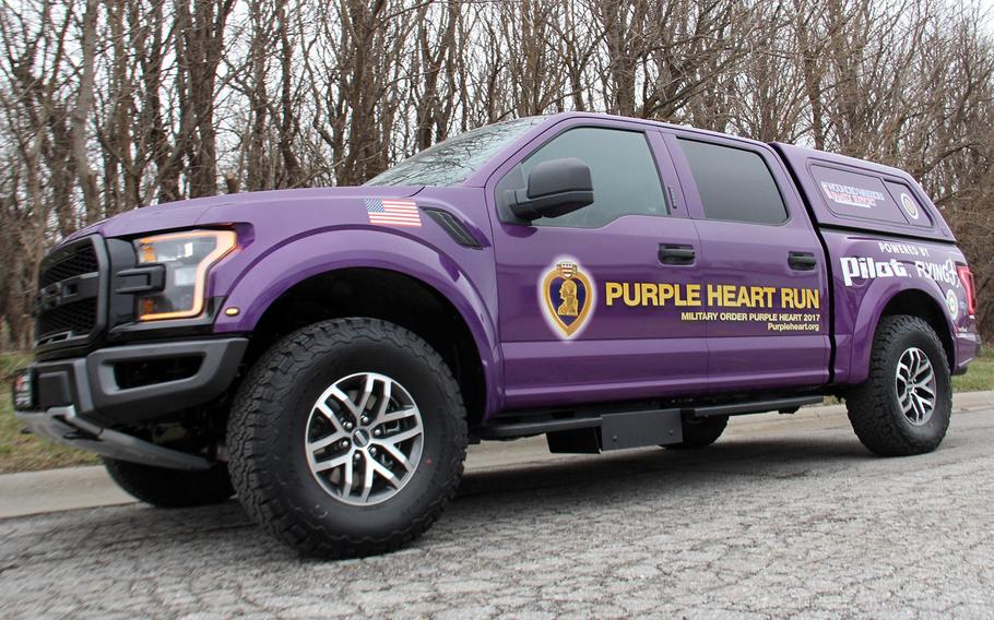 This mobility-equipped 2017 Ford F-150 Raptor truck will be driven on the 8,500-mile Purple Heart Truck Run from Arlington, Va. to Dallas.