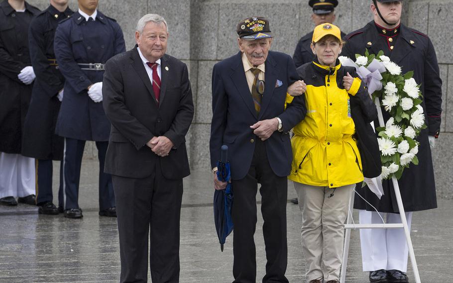 A wreath-laying ceremony on the 72nd anniversary of V-J Day, September 2, 2017 at the National World War II Memorial in Washington, D.C.