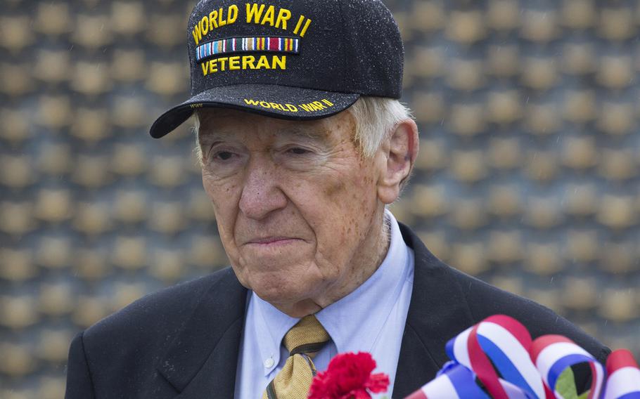 Hall of Fame NFL coach and World War II veteran Marv Levy, at a ceremony marking the 72nd anniversary of V-J Day, September 2, 2017 at the National World War II Memorial in Washington, D.C.