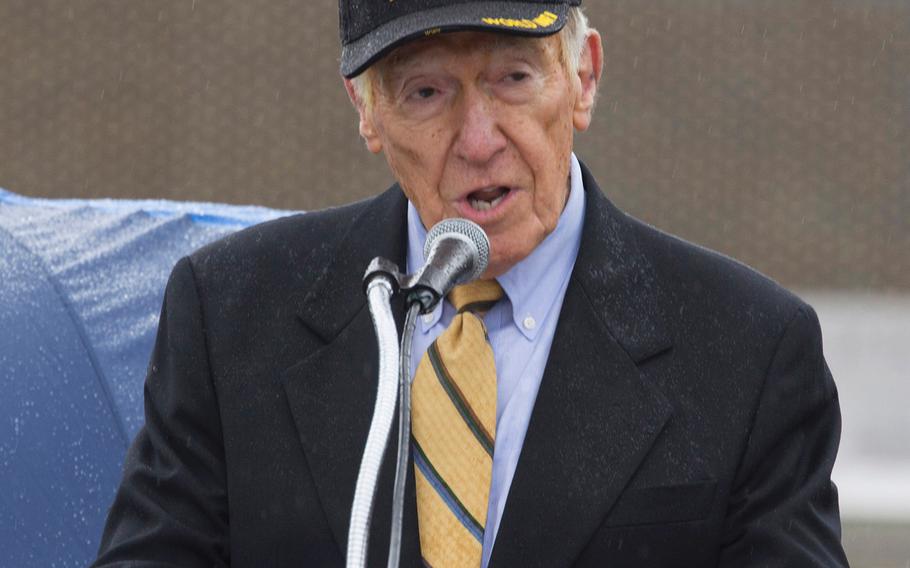 Hall of Fame NFL coach and World War II veteran Marv Levy speaks at a ceremony marking the 72nd anniversary of V-J Day, September 2, 2017 at the National World War II Memorial in Washington, D.C.