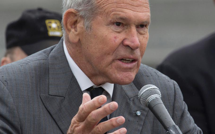 Josiah Bunting III, chairman of the Friends of the National World War II Memorial, speaks at a ceremony marking the 72nd anniversary of V-J Day, September 2, 2017,l in Washington, D.C.