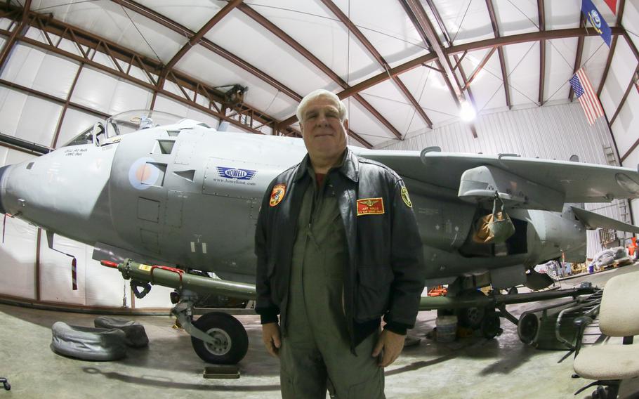 Art Nalls, a retired Marine Corps test pilot, stands in front of his Sea Harrier FA.2. Nalls is the owner of several aircraft including a rare Sea Harrier TMk 8. 