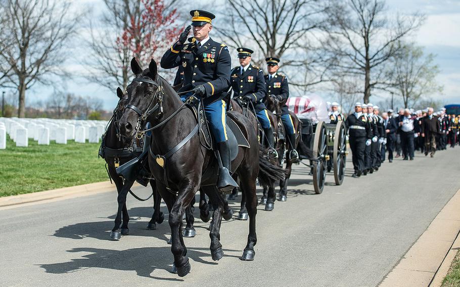 The 3d U.S. Infantry Regiment (The Old Guard) Caisson Platoon participates in the funeral for U.S. Navy Capt. Thomas J. Hudner at Arlington National Cemetery in Virginia on April 4, 2018.