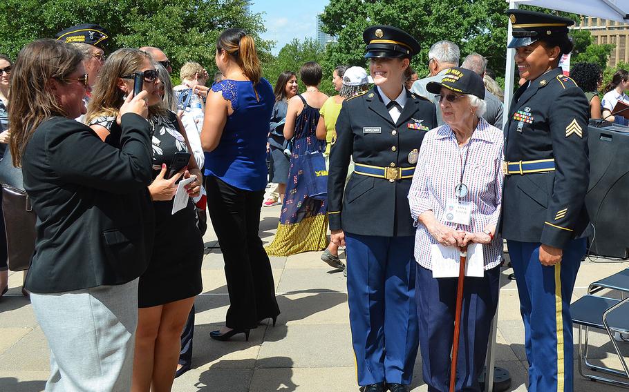 Staff Sgt. Heather Middlemas and Sgt. Kira Messenger, both of the Texas Army National Guard Recruiting and Retention unit, pose for a photo with Anna Gatti, a Navy veteran World War II, following Texas’s first Women Veterans Day celebration held on the steps of the Texas State Capitol on June 12, 2018. Gatti was recognized as the event’s honorary guest. 