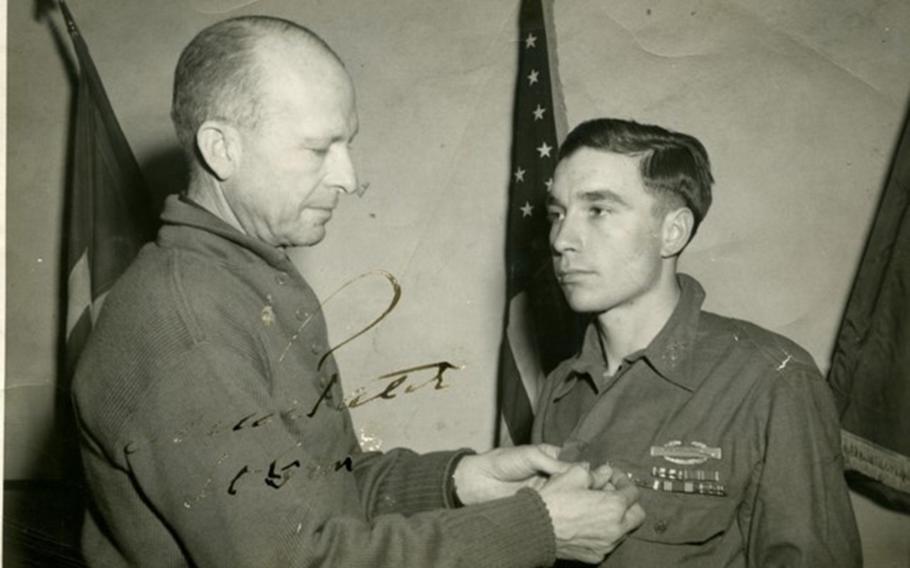 U.S. Army 1st Lt. Garlin M. Conner, awarded the Distinguished Service Cross by Lt. Gen. Alexander Patch, commander of the 7th Army, Feb. 10, 1945.