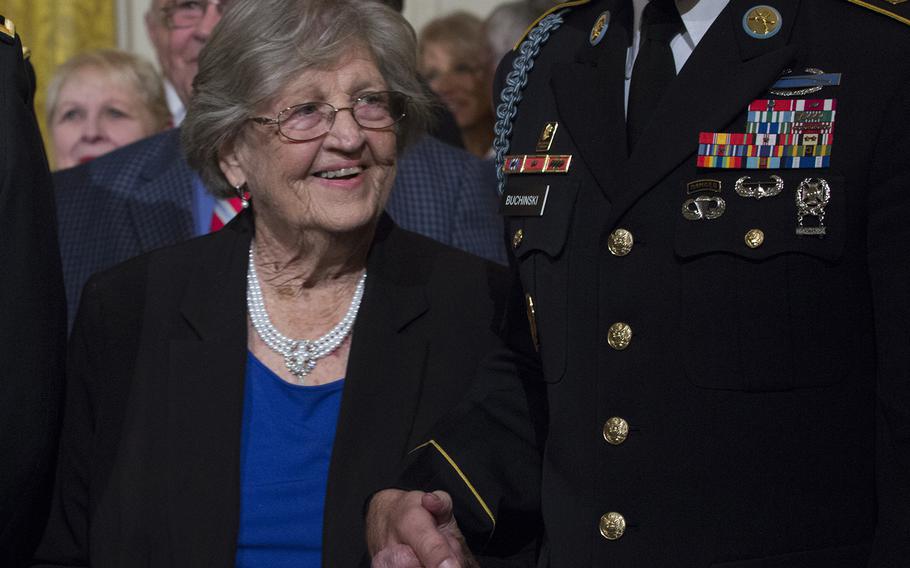 Pauline Conner, widow of Garlin "Murl" Conner, exits the East Room of the White House after the Medal of Honor ceremony for her late husband. Pauline Conner accepted the Medal of Honor on behalf of her husband. 