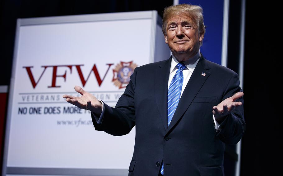 President Donald Trump arrives to speak at the Veteran's of Foreign Wars national convention Tuesday, July 24, 2018, in Kansas City, Mo. 