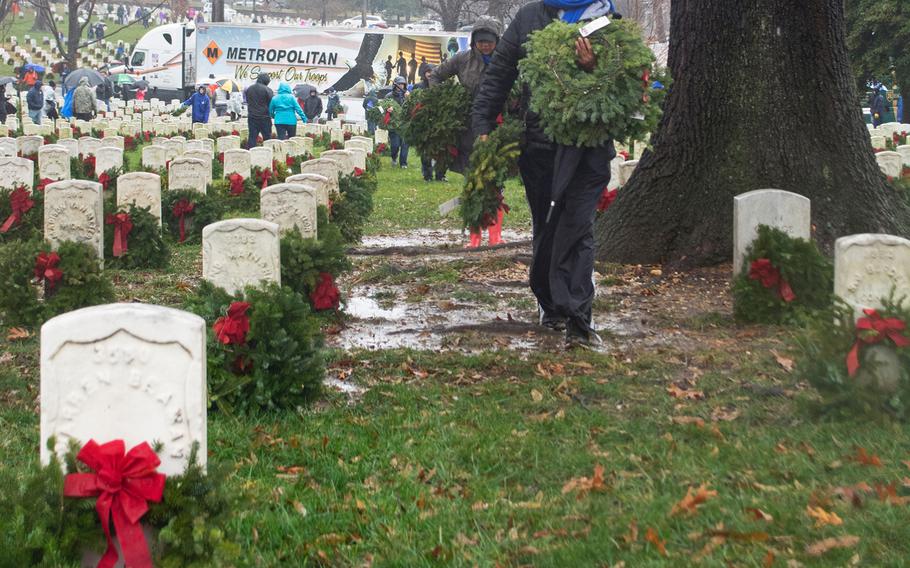 The US Soldiers' and Airmen's Home National Cemetery is decorated with wreaths from Wreaths Across America on Dec. 15, 2018, in Washington, D.C. 