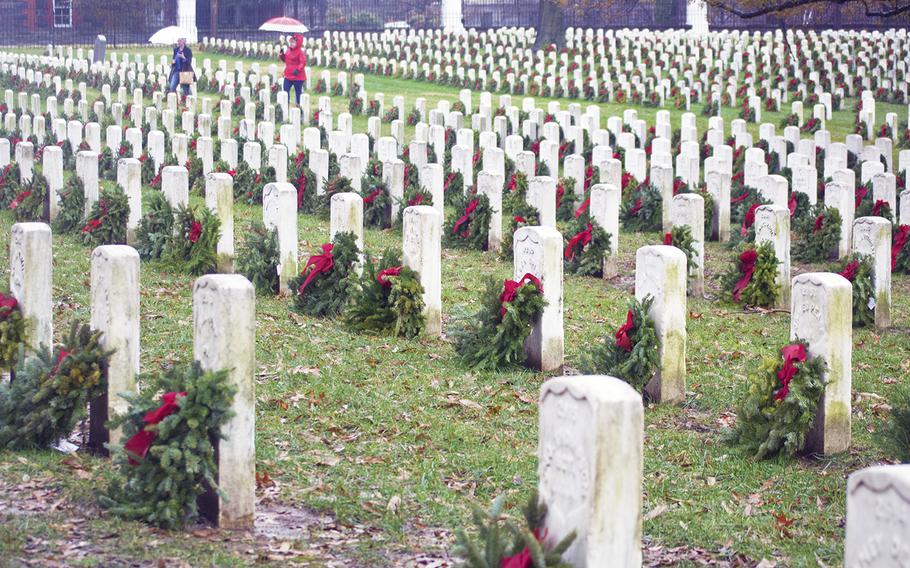 The US Soldiers' and Airmen's Home National Cemetery is decorated with wreaths from Wreaths Across America on Dec. 15, 2018, in Washington, D.C. 
