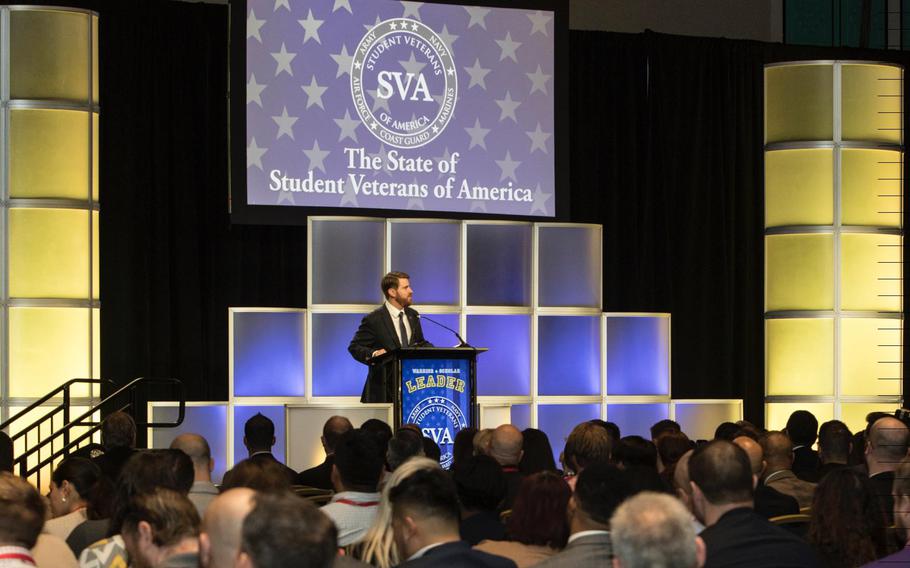 Student Veterans of America CEO Jared Lyon addresses attendees at the group's national convention in Orlando, Fla., on Friday, Jan. 4., 2019. Lyon said the country is facing an "unprecedented leadership deficit" that he argued could be filled by young, educated veterans.