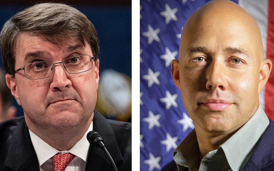 VA Secretary Robert Wilkie, left, says Rep. Brian Mast, R-Fla., right, misled the public over Mast's eviction from his congressional office inside a VA hospital.