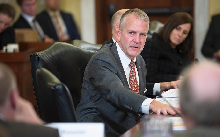 Sen. Dan Sullivan, R-Alaska, questions witnesses during a Senate Veterans Affairs Committee hearing addressing suicide prevention on Capitol Hill in Washington on Wednesday, Dec. 4, 2019.