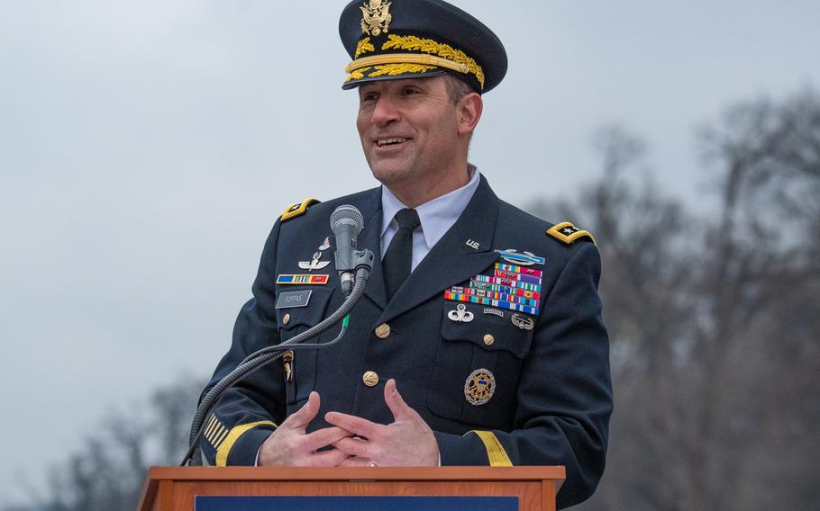 As part of the World War II Memorial's Battle of the Bulge 75th Anniversary Commemoration, a wreath-laying with representation from Allied nations took place on December 16, 2019. Lt. Gen. Andrew Poppas, Director of Operations for the Joint Staff, offers remarks during the ceremony. 
