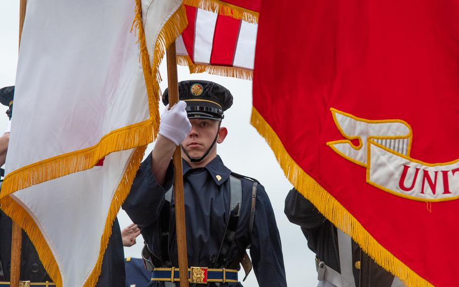 As part of the World War II Memorial's Battle of the Bulge 75th Anniversary Commemoration, a wreath-laying with representation from Allied nations took place on December 16, 2019.  Here, the United States Armed Forces Color Guard participates. 