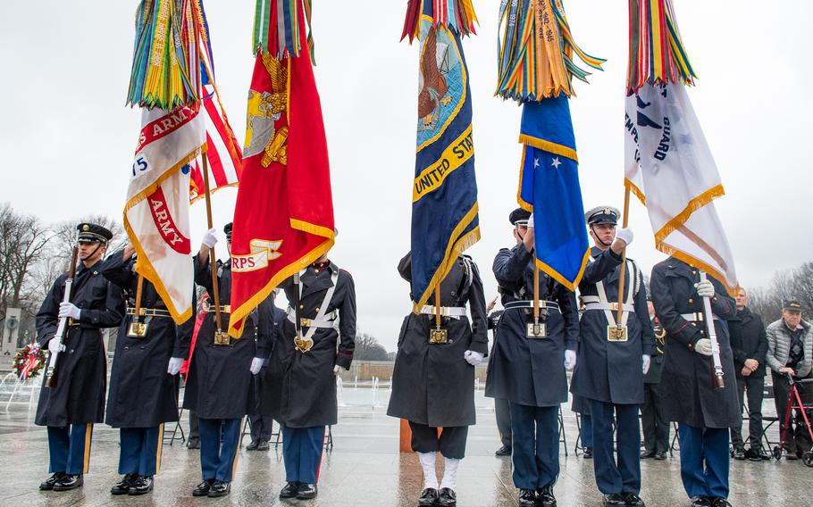 As part of the World War II Memorial's Battle of the Bulge 75th Anniversary Commemoration, a wreath-laying with representation from Allied nations took place on December 16, 2019.  Here, the United States Armed Forces Color Guard participates. 