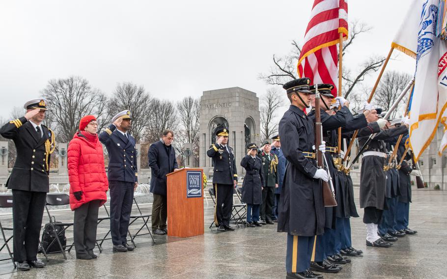 As part of the World War II Memorial's Battle of the Bulge 75th Anniversary Commemoration, a wreath-laying with representation from Allied nations took place on December 16, 2019. Here, the United States Armed Forces Color Guard participates.  