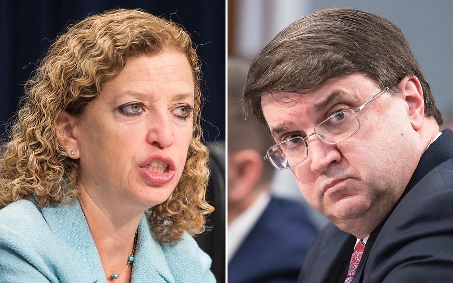 Rep. Debbie Wasserman Schultz, D-Fla., and Veterans Affairs Secretary Robert Wilkie. The two attended a House Appropriations Subcommittee on Military Construction, Veterans Affairs and Related Agencies, on Capitol Hill in Washington on Wednesday, March 4, 2020.