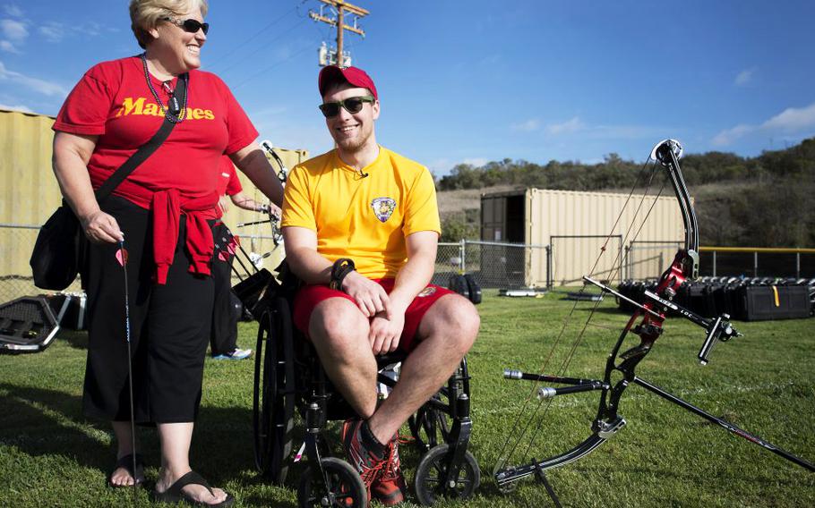 Marine veteran and wounded warrior Richard Stalder competed in archery, cycling and shooting during the 2014 Marine Corps Trials at Camp Pendleton, Calif. Stalder’s mother, Claudia, was his primary caregiver.