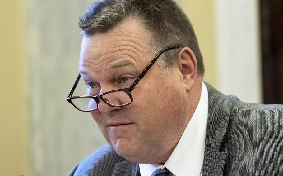 Sen. Jon Tester, D-Mont., during a Senate Veterans' Affairs Committee confirmation hearing on Capitol Hill, May 16, 2019. Tester wants the Department of Veterans Affairs to provide backup for civilian hospitals during the pandemic. “We need all hands on deck when it comes to saving lives during this emergency,” Tester said in a statement.