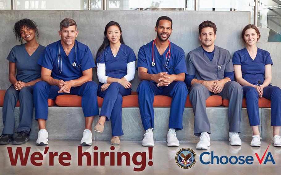 A photo from a Department of Veterans Affairs recruitment call advertises open nursing and other positions at the agency.