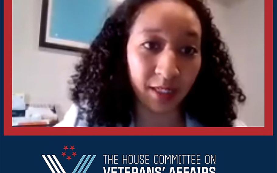 Kathryn Monet. CEO of the National Coalition for Homeless Veterans, answers a question at a House Veterans' Affairs Committee virtual forum, April 28, 2020.