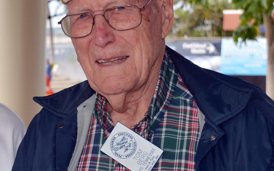 Pearl Harbor attack survivor Thomas Berg speaks to reporters at the Pearl Harbor Visitor's Center in Hawaii,  Dec. 6, 2019. 