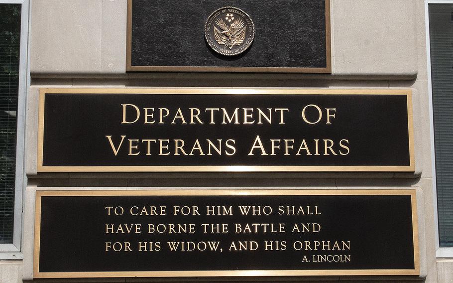 Abraham Lincoln's quotation about veterans, seen on the Department of Veterans Affairs headquarters in Washington, D.C., June 3, 2020.