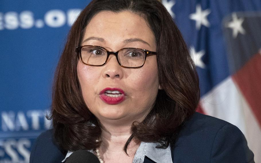 Sen. Tammy Duckworth, D-Ill., speaks at the National Press Club in Washington, D.C., March 13, 2019, says service members “face numerous barriers to voting that make it more difficult for them to more fully participate in our democracy by exercising their right to vote. We should be doing everything we can to strengthen voting rights across the country.”  