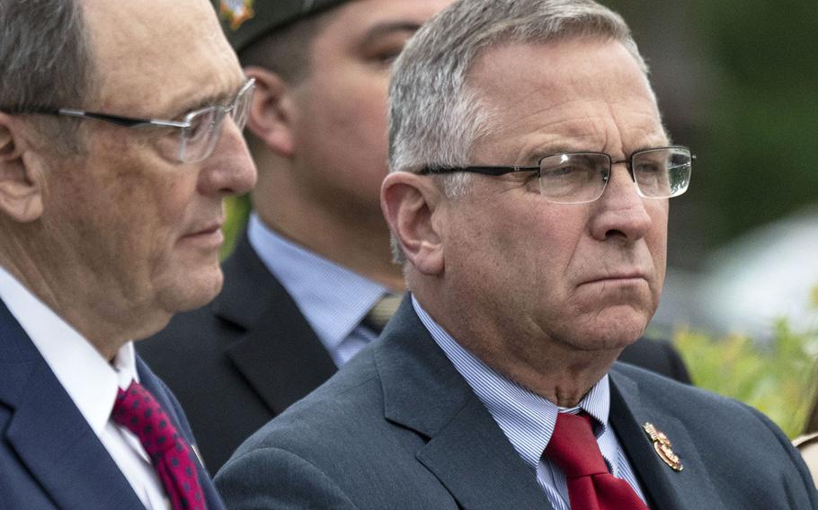 Rep. Mike Bost, R-Ill., right, at an April, 2019 Capitol Hill press conference on military suicide. At left is House Veterans' Affairs Committee Ranking Member Phil Roe, R-Tenn, who Bost has been chosen to replace as the panel's top Republican.