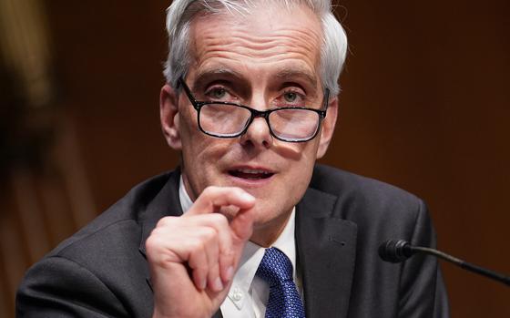 Secretary of Veterans Affairs nominee Denis McDonough speaks during his confirmation hearing before the Senate Committee on Veterans' Affairs on Capitol Hill, Wednesday, Jan. 27, 2021, in Washington. (Sarah Silbiger/Pool via AP)