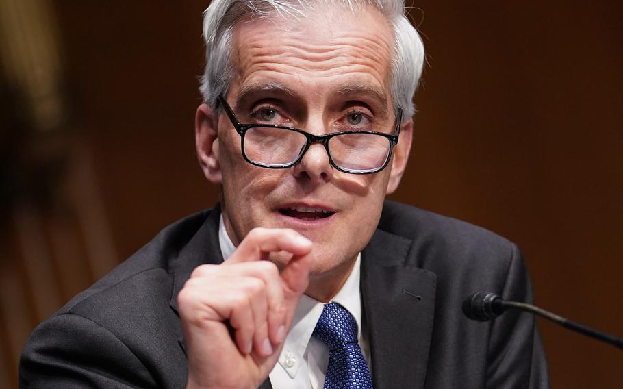 Department of Veterans Affairs Secretary Denis McDonough pictured on Capitol Hill in 2021. He will testify at a House hearing Tuesday, June 4, 2024, about more than $10 million in bonuses given to senior managers meant for rank-and-file employees at the VA. 