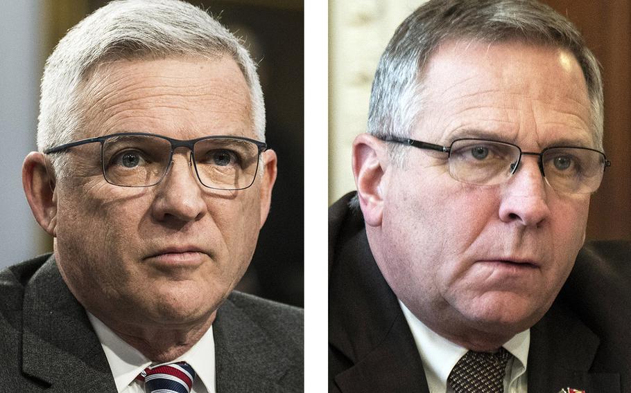 Richard Stone, left, the VA acting undersecretary for health, urged Congress on Friday to approve President Joe Biden’s proposal for about $15 billion in coronavirus relief aid for the agency. But Rep. Mike Bost, R-Ill., right, the ranking Republican on the House Committee on Veterans’ Affairs, said last week's action by that panel to advance the bill was “reckless” and “irresponsible.”