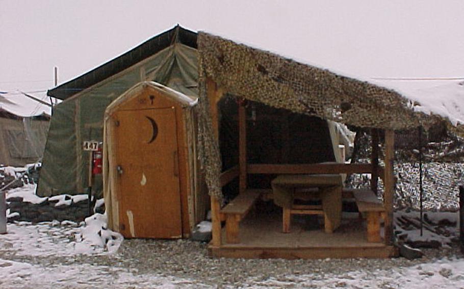 Sandbags surround a tent at Karshi-Khanabad Air Base in Uzbekistan, which was used by the U.S. Army, Air Force and Marine Corps between 2001 and 2005 to launch support missions into Afghanistan. Troops say the sandbags were filled with radioactive dirt, one of many toxins they were exposed to at the base. 

