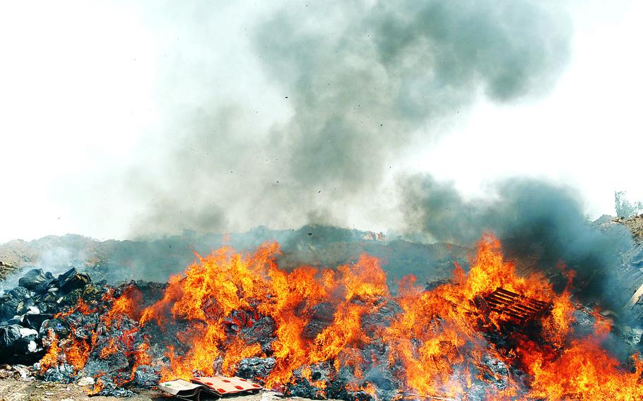 The burn pit at Balad Air Base, Iraq, was in full operation in 2008. Many of the bills under consideration in Congress aim to help veterans exposed to open-air burn pits, which were used throughout the 1990s and the post-9/11 wars to burn garbage, jet fuel, paint, medical waste, plastics and more.