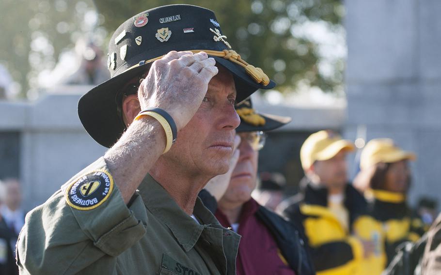 Vietnam veteran Jim Stokely was among the crowd of several hundred people who gathered at the World War II Memorial on the National Mall on Tuesday, Nov. 11, 2014.
