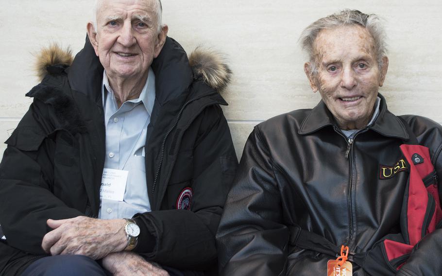 Donald Mates and James Skinner, both from Fla. and part of the 3rd Marine Division, take a break after touring the National Museum of the Marine Corps on Feb. 20, 2015. Mates was in the Marines from 1943-1946 and Skinner was in the Marines from 1942-1945.