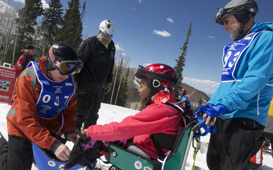 Army veteran Shanda Taylor-Boyd prepares to ski at the annual National Disabled Veterans Winter Sports Clinic at Aspen Snowmass Resort in Colorado in April 2015.