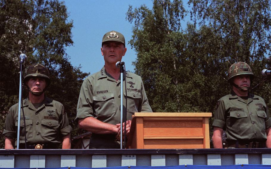 Gen. Frederick Kroesen, center, commander of U.S. Army Europe, speaks during a change of command ceremony in 1982. Kroesen died April 30, 2020, at 97.