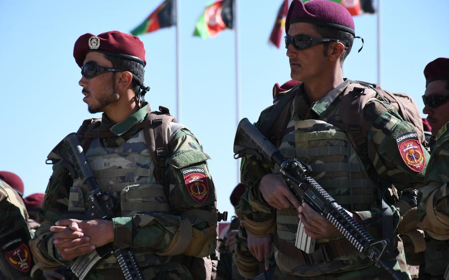 Afghan special forces commandos attend a graduation ceremony in Kabul in October 2017. The country's first commandos were trained by and fought alongside Green Berets, including Medal of Honor recipient Ronald Shurer, who died on Thursday, May 14, 2020, at the age of 41.