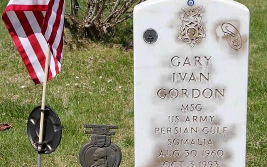 Police in Maine are seeking assistance regarding suspected vandalism to Delta Force Master Sgt. Gary Gordon's gravestone. Gordon was a sniper team leader on the lead Black Hawk helicopter during the 1993 Mogadishu raid at the center of the book and movie ''Black Hawk Down.''