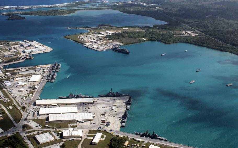 This aerial view of Naval Base Guam shows Apra Harbor with several vessels in port on March 5, 2016.
