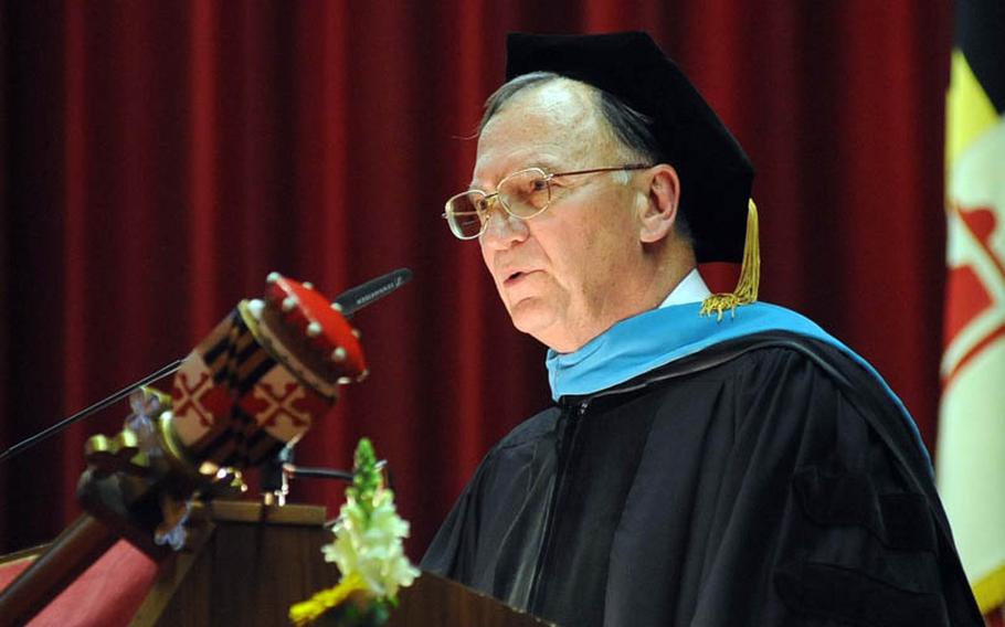 Retired Gen. William T. Hobbins, the former U.S. Air Forces in Europe commander was the commencement speaker at the University of Maryland University College Europe graduation ceremony on Saturday. He told the graduates to use the power of critical thinking in their future endeavors.